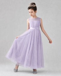 Dideyttawl Tulle Flower Girl Dress with Sleeveless Illusion Neck and Bow