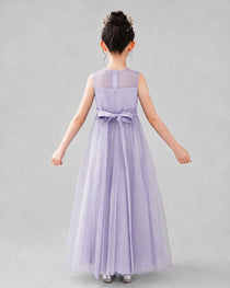 Dideyttawl Tulle Flower Girl Dress with Sleeveless Illusion Neck and Bow