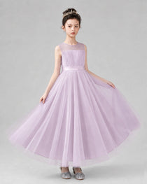 Dideyttawl Tulle Flower Girl Dress with Sleeveless Illusion Neck and Bow