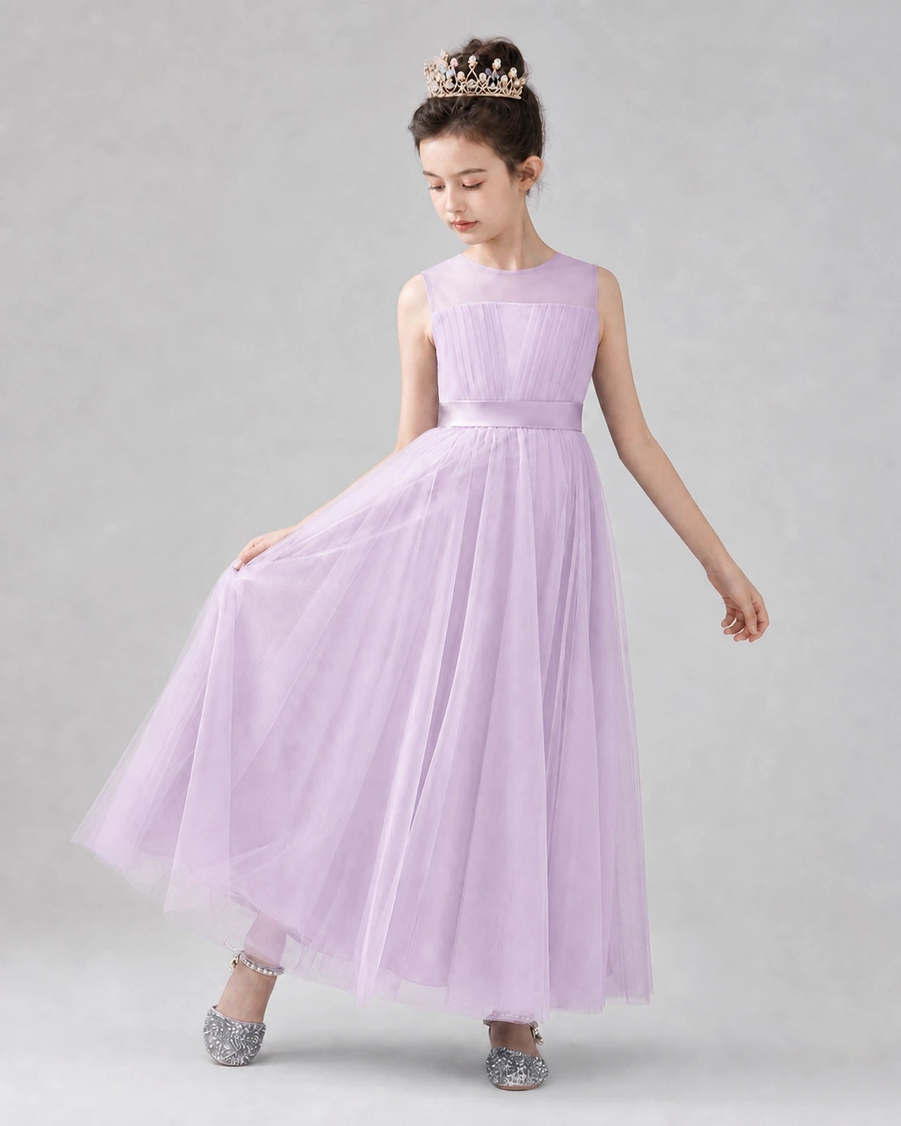 Lilac Satin Tulle A-line Flower Girl Dress Front View