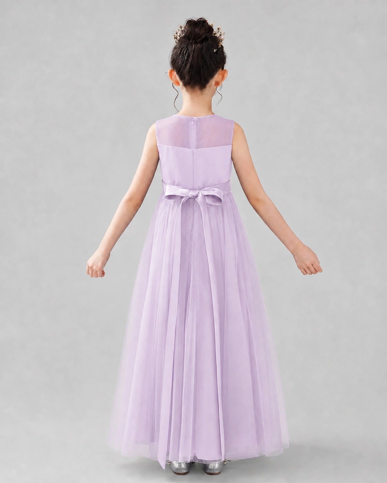 Lilac Satin Tulle A-line Flower Girl Dress Back View