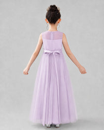 Dideyttawl Tulle Flower Girl Dress with Sleeveless Illusion Neck and Bow