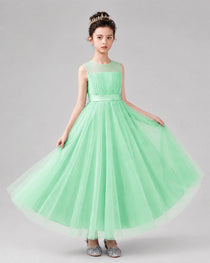Dideyttawl Tulle Flower Girl Dress with Sleeveless Illusion Neck and Bow
