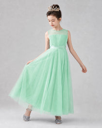 Dideyttawl Tulle Flower Girl Dress with Sleeveless Illusion Neck and Bow