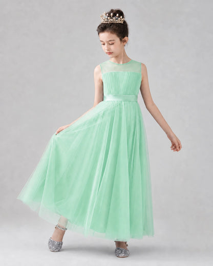 Mint Green Satin Tulle A-line Flower Girl Dress Front View