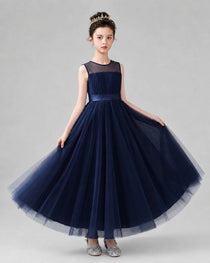 Dideyttawl Tulle Flower Girl Dress with Sleeveless Illusion Neck and Bow
