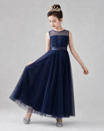 Dideyttawl Tulle Flower Girl Dress with Sleeveless Illusion Neck and Bow