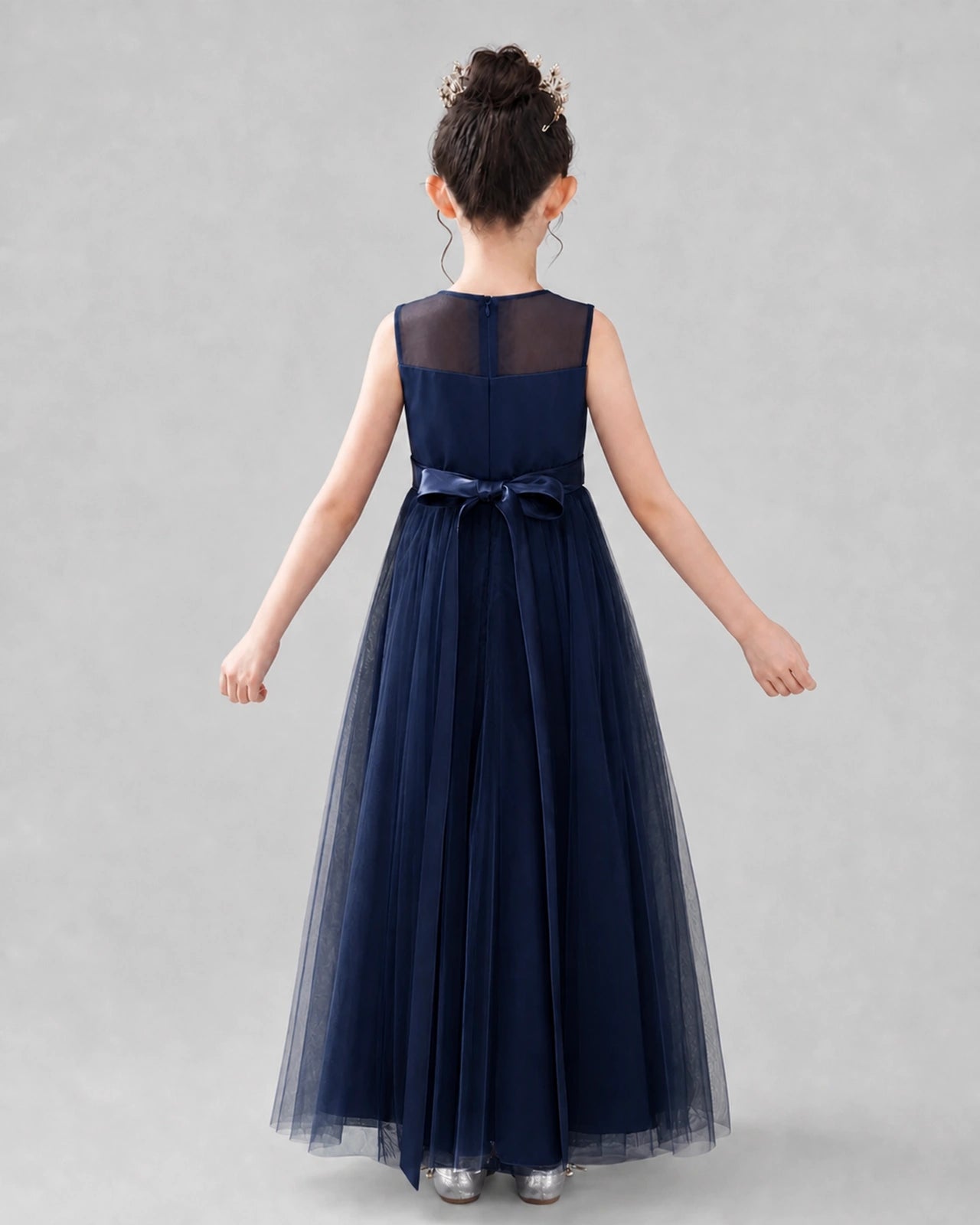 Dideyttawl Tulle Flower Girl Dress with Sleeveless Illusion Neck and Bow