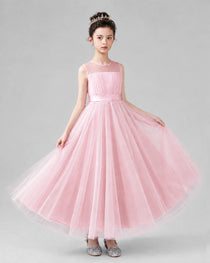 Dideyttawl Tulle Flower Girl Dress with Sleeveless Illusion Neck and Bow