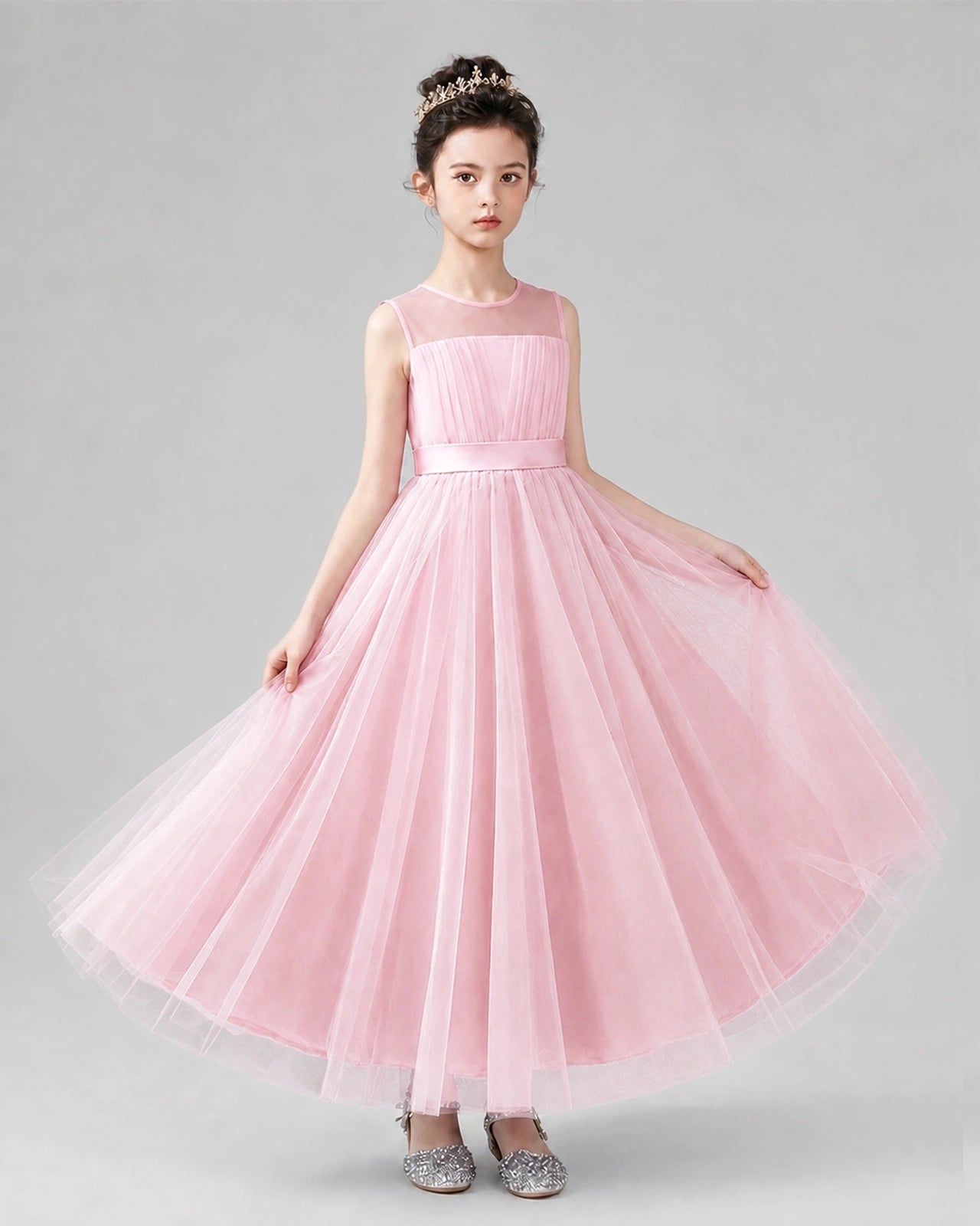 Dideyttawl Tulle Flower Girl Dress with Sleeveless Illusion Neck and Bow
