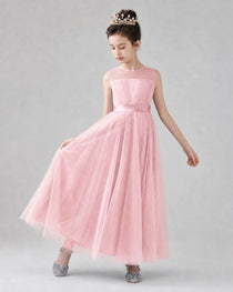 Dideyttawl Tulle Flower Girl Dress with Sleeveless Illusion Neck and Bow