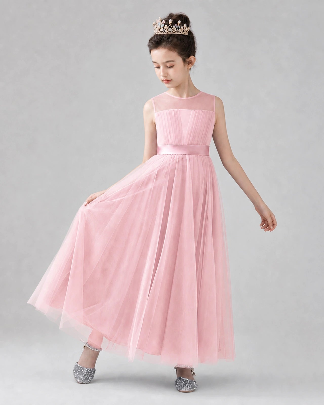 Dideyttawl Tulle Flower Girl Dress with Sleeveless Illusion Neck and Bow