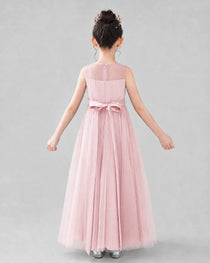 Dideyttawl Tulle Flower Girl Dress with Sleeveless Illusion Neck and Bow