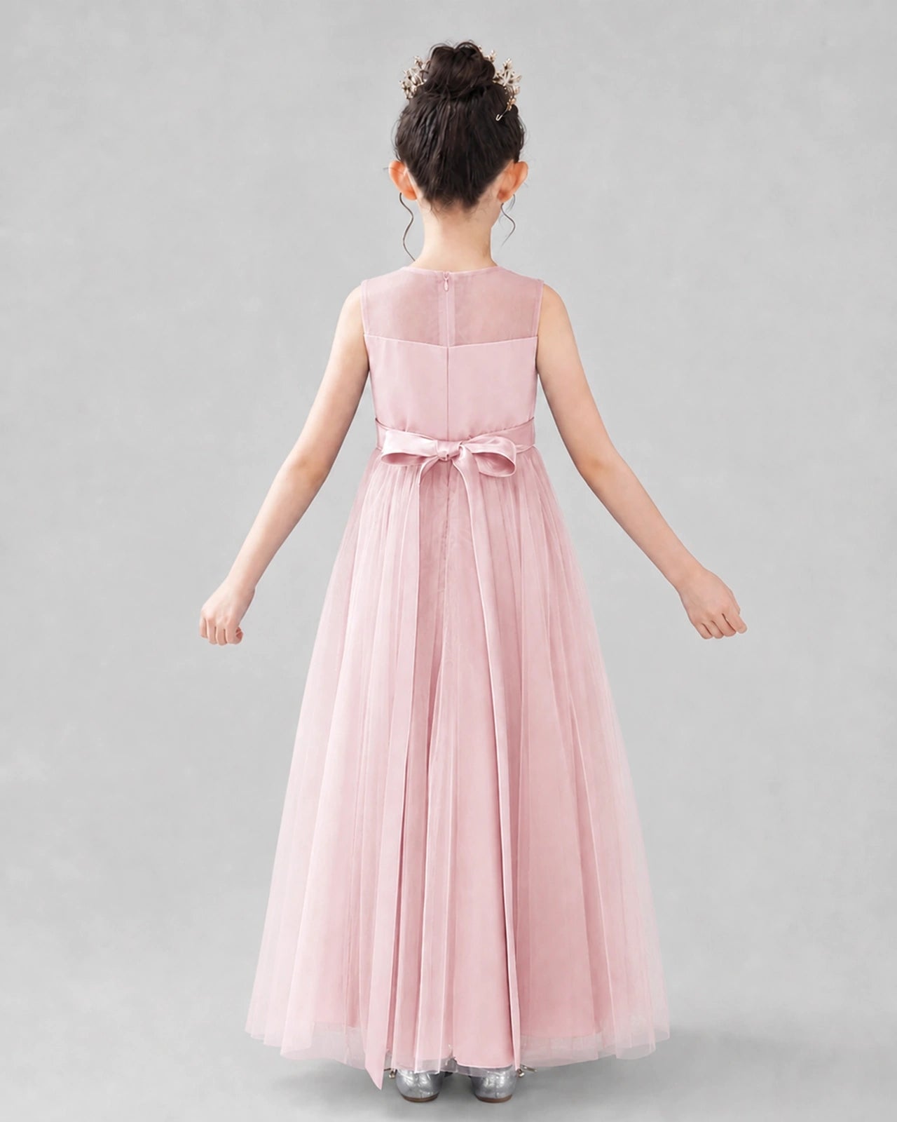 Dideyttawl Tulle Flower Girl Dress with Sleeveless Illusion Neck and Bow