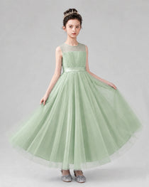 Dideyttawl Tulle Flower Girl Dress with Sleeveless Illusion Neck and Bow