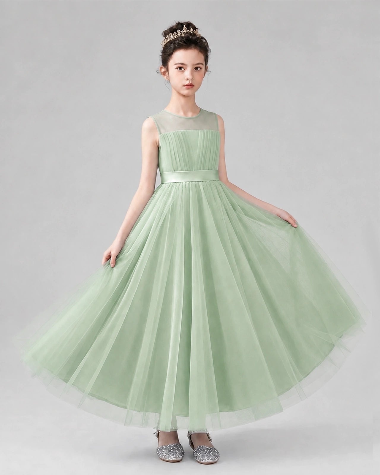 Dideyttawl Tulle Flower Girl Dress with Sleeveless Illusion Neck and Bow