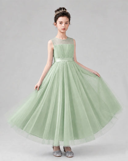 Sage Green Satin Tulle A-line Flower Girl Dress Front View