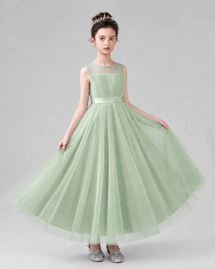 Sage Green Satin Tulle A-line Flower Girl Dress Front View