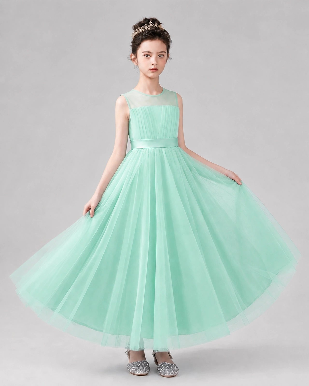 Turquoise Satin Tulle A-line Flower Girl Dress Front View