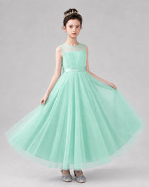 Dideyttawl Tulle Flower Girl Dress with Sleeveless Illusion Neck and Bow