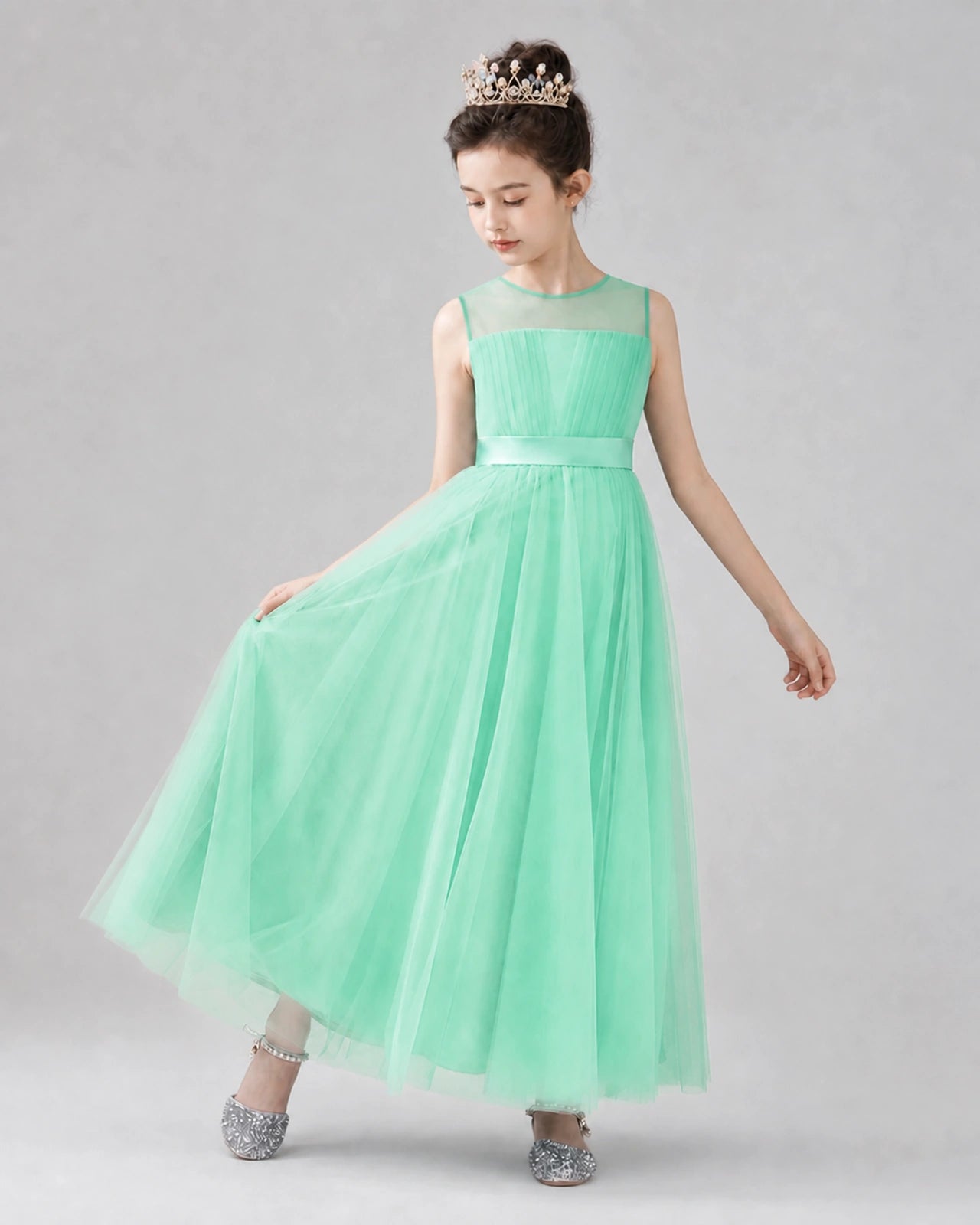 Turquoise Satin Tulle A-line Flower Girl Dress Front View