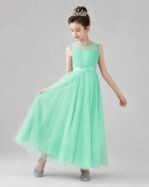 Dideyttawl Tulle Flower Girl Dress with Sleeveless Illusion Neck and Bow
