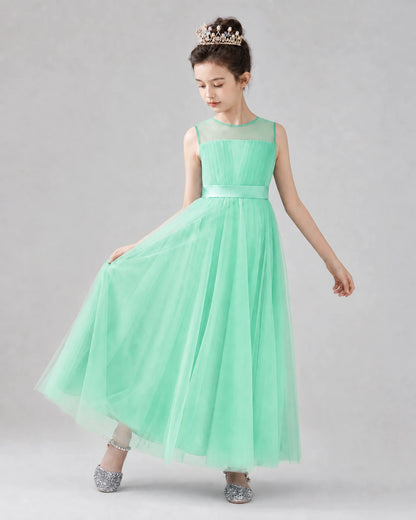 Turquoise Satin Tulle A-line Flower Girl Dress Front View