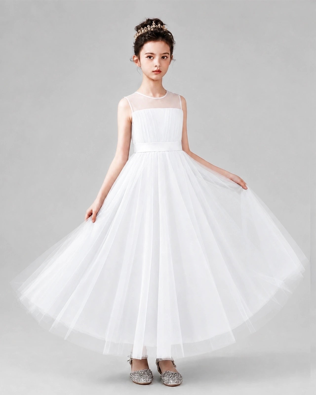 White Satin Tulle A-line Flower Girl Dress Back View