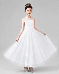 Dideyttawl Tulle Flower Girl Dress with Sleeveless Illusion Neck and Bow