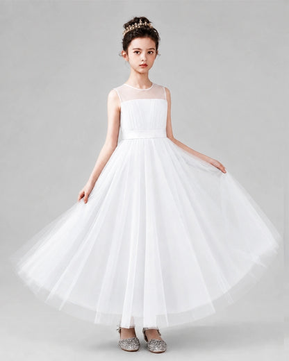White Satin Tulle A-line Flower Girl Dress Back View