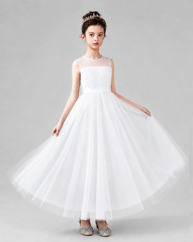 White Satin Tulle A-line Flower Girl Dress Back View