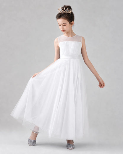 White Satin Tulle A-line Flower Girl Dress Front View