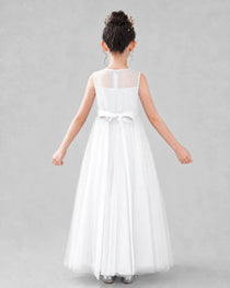 Dideyttawl Tulle Flower Girl Dress with Sleeveless Illusion Neck and Bow
