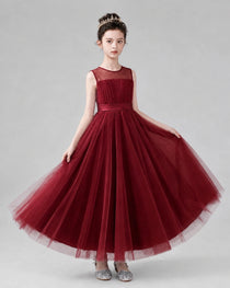 Dideyttawl Tulle Flower Girl Dress with Sleeveless Illusion Neck and Bow