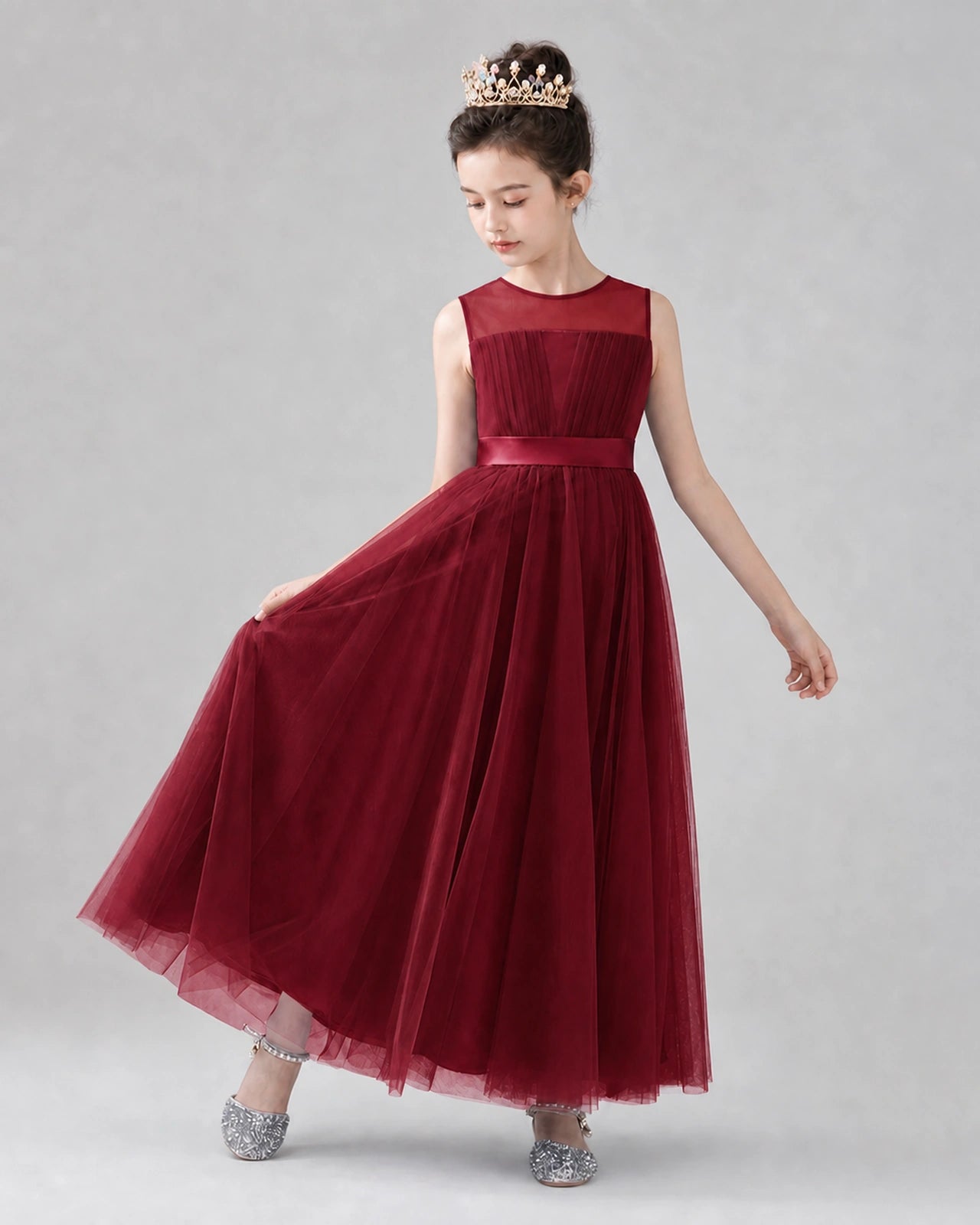 Dideyttawl Tulle Flower Girl Dress with Sleeveless Illusion Neck and Bow