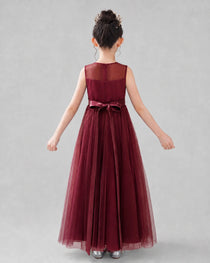 Dideyttawl Tulle Flower Girl Dress with Sleeveless Illusion Neck and Bow