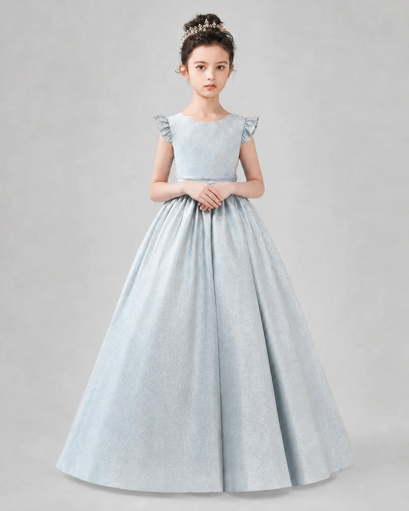 Baby Blue Satin A-line Girls Formal Dress Back View