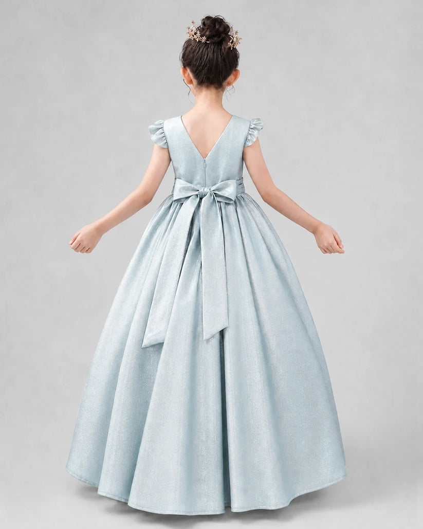 Baby Blue Satin A-line Girls Formal Dress Back View