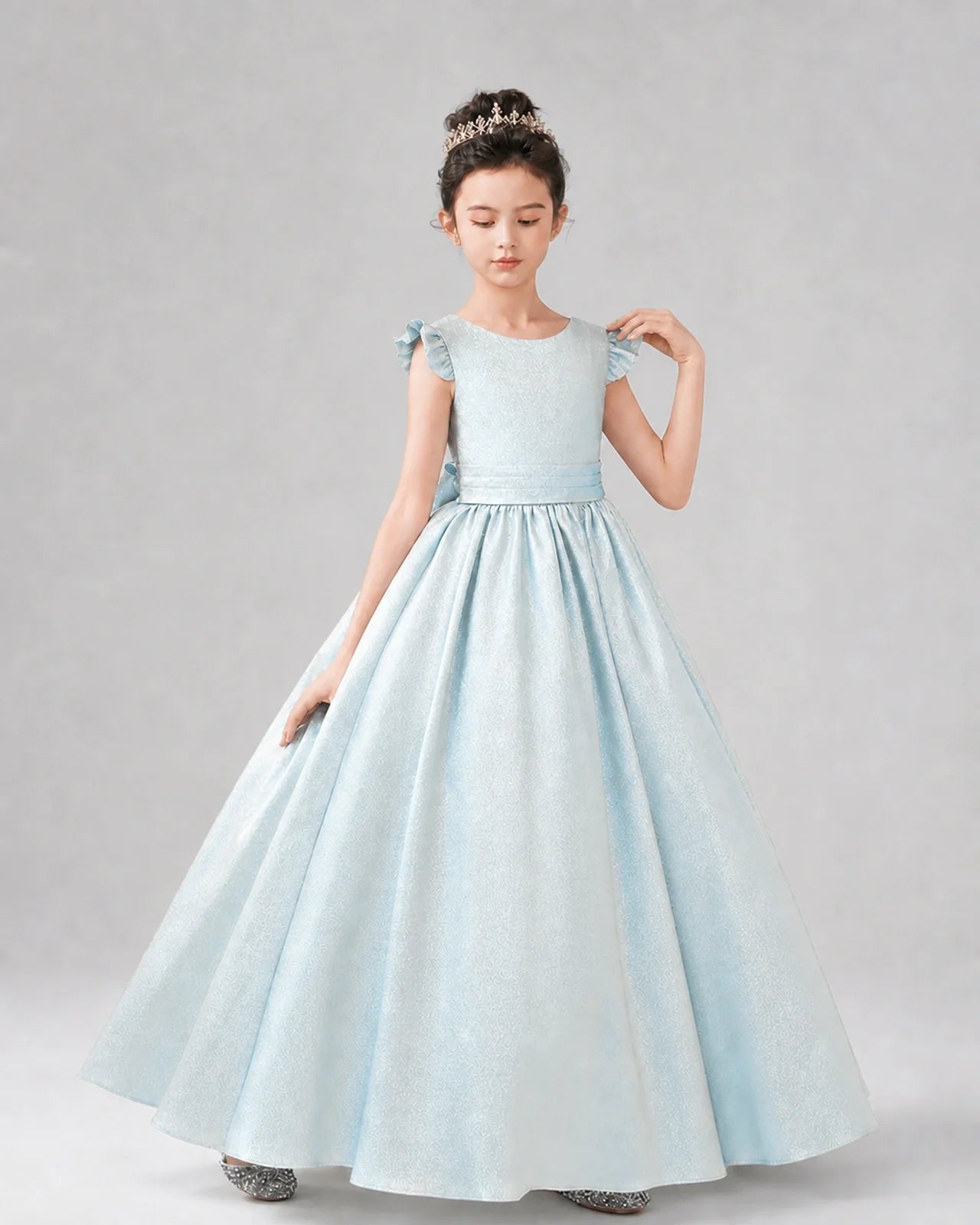 Light Blue Satin Formal Girls Dress Front View. Main image