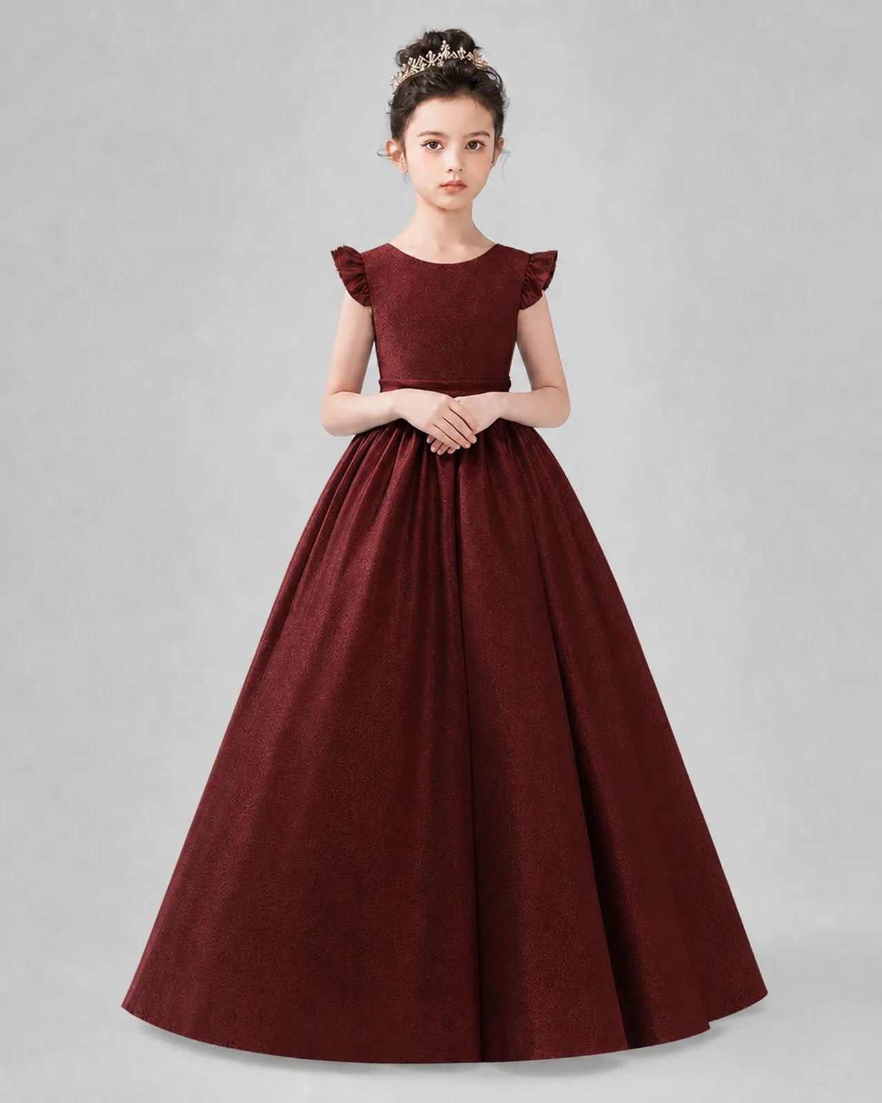 Burgundy Satin A-line Girls Formal Dress Back View