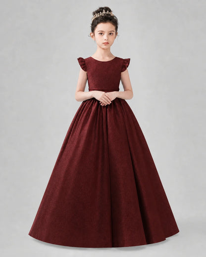 Burgundy Satin A-line Girls Formal Dress Back View