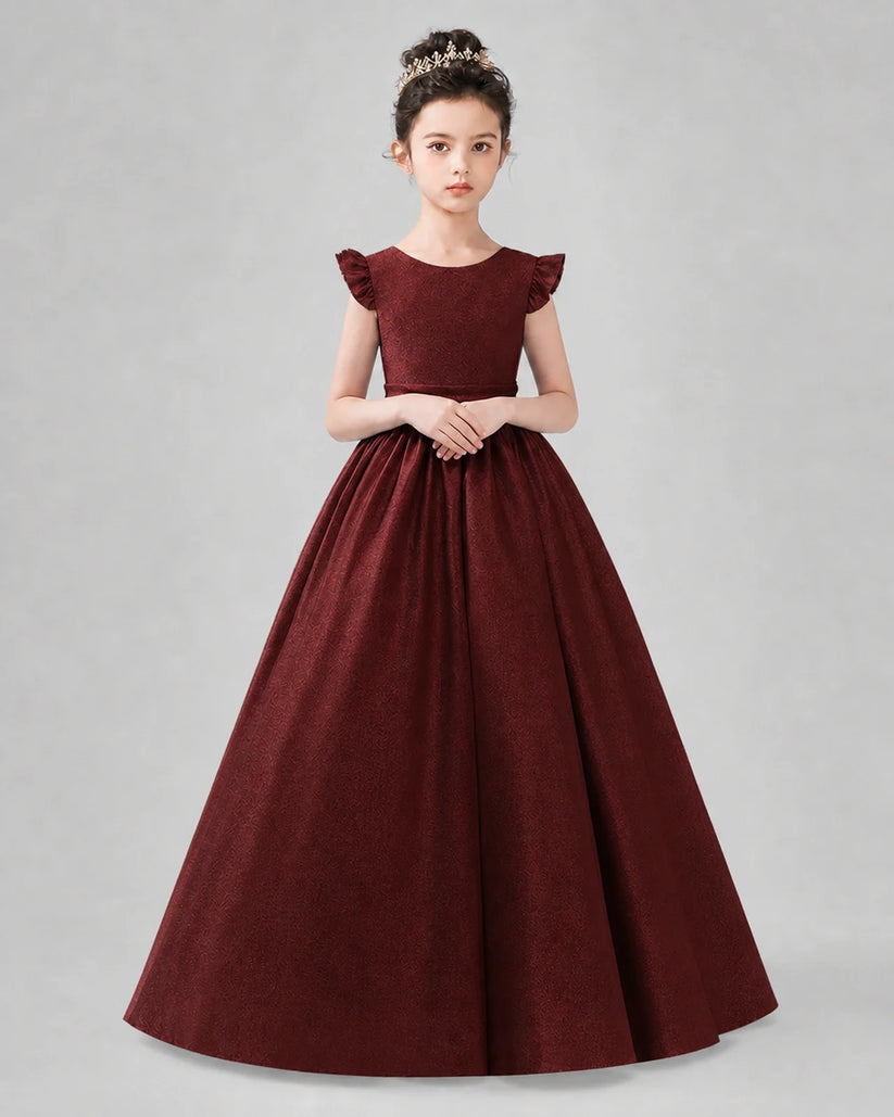 Burgundy Satin A-line Girls Formal Dress Back View
