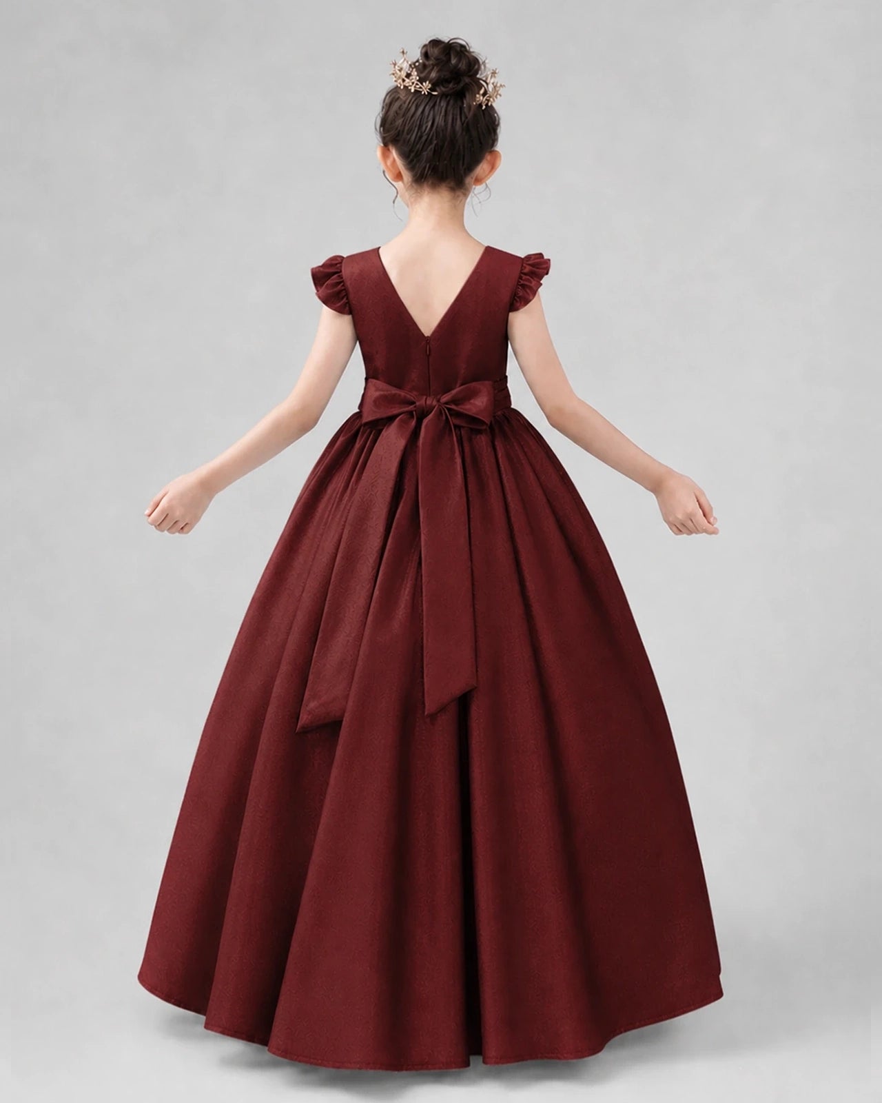 Burgundy Satin A-line Girls Formal Dress Back View