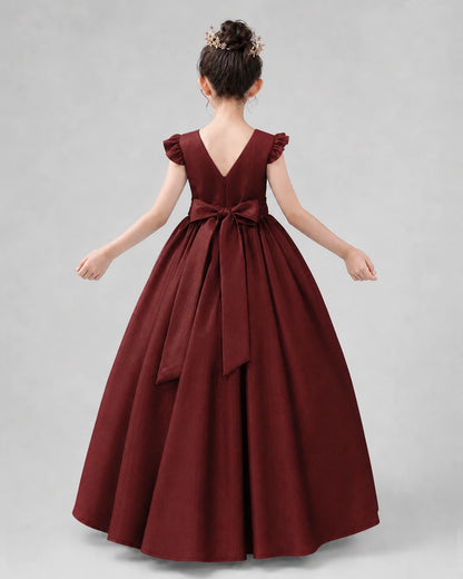 Burgundy Satin A-line Girls Formal Dress Back View