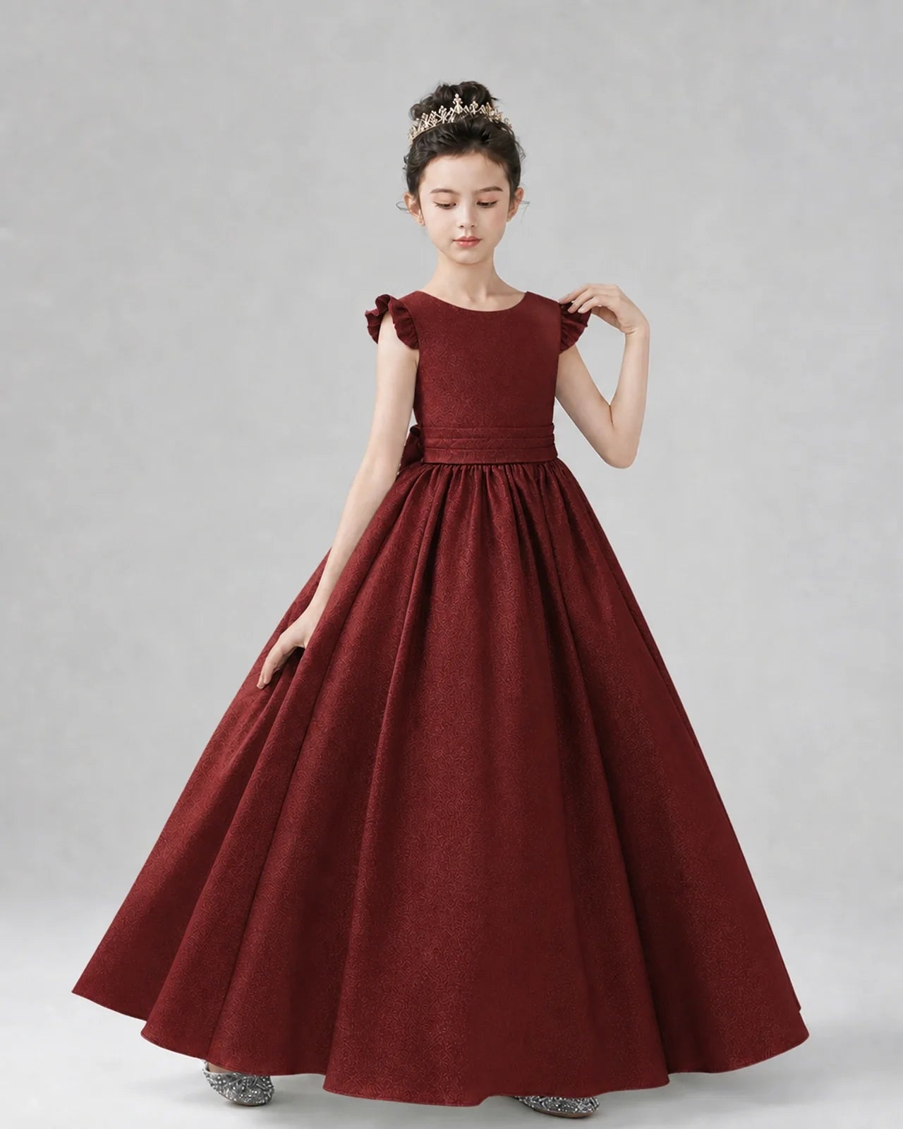 Burgundy Satin A-line Girls Formal Dress Front View