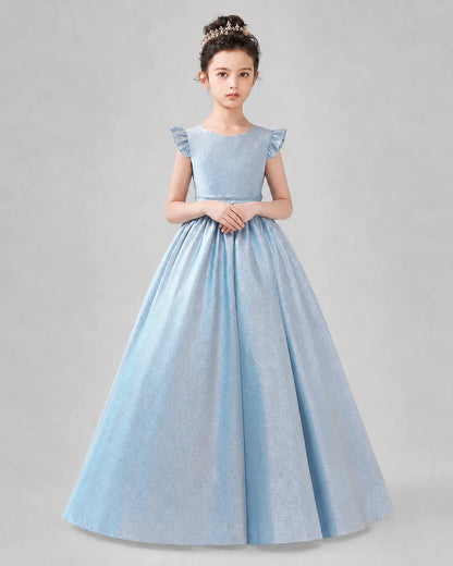 Dusty Blue Satin A-line Girls Formal Dress Back View