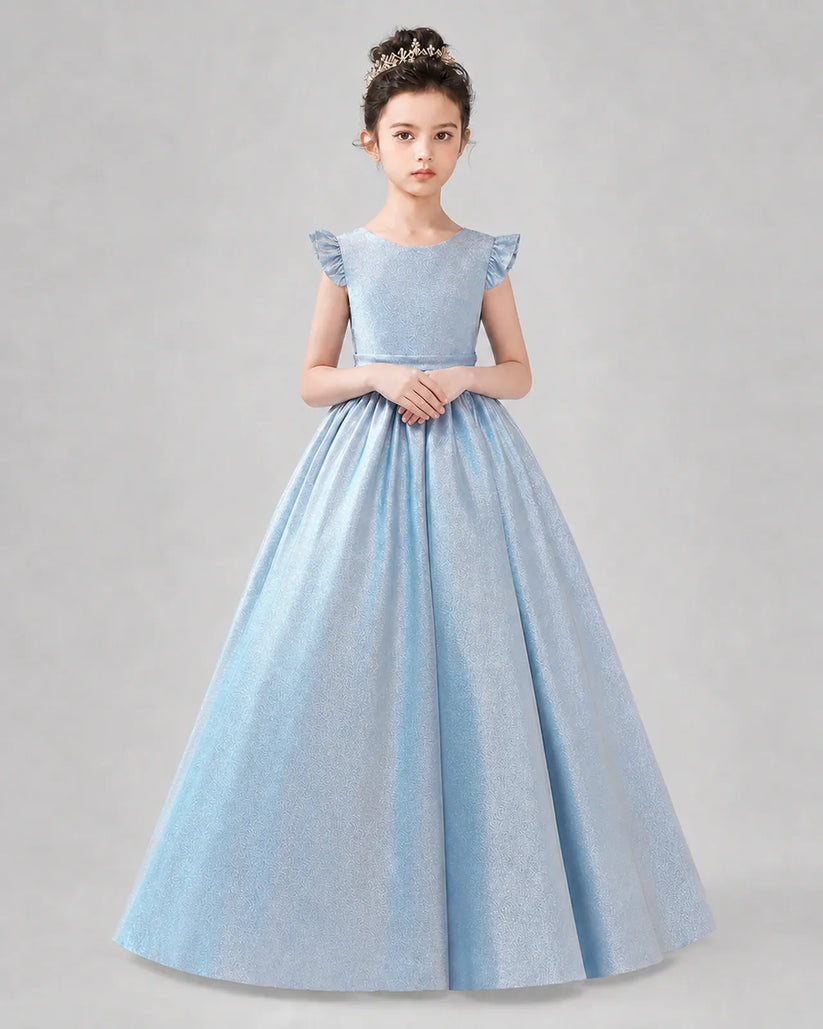 Dusty Blue Satin A-line Girls Formal Dress Back View