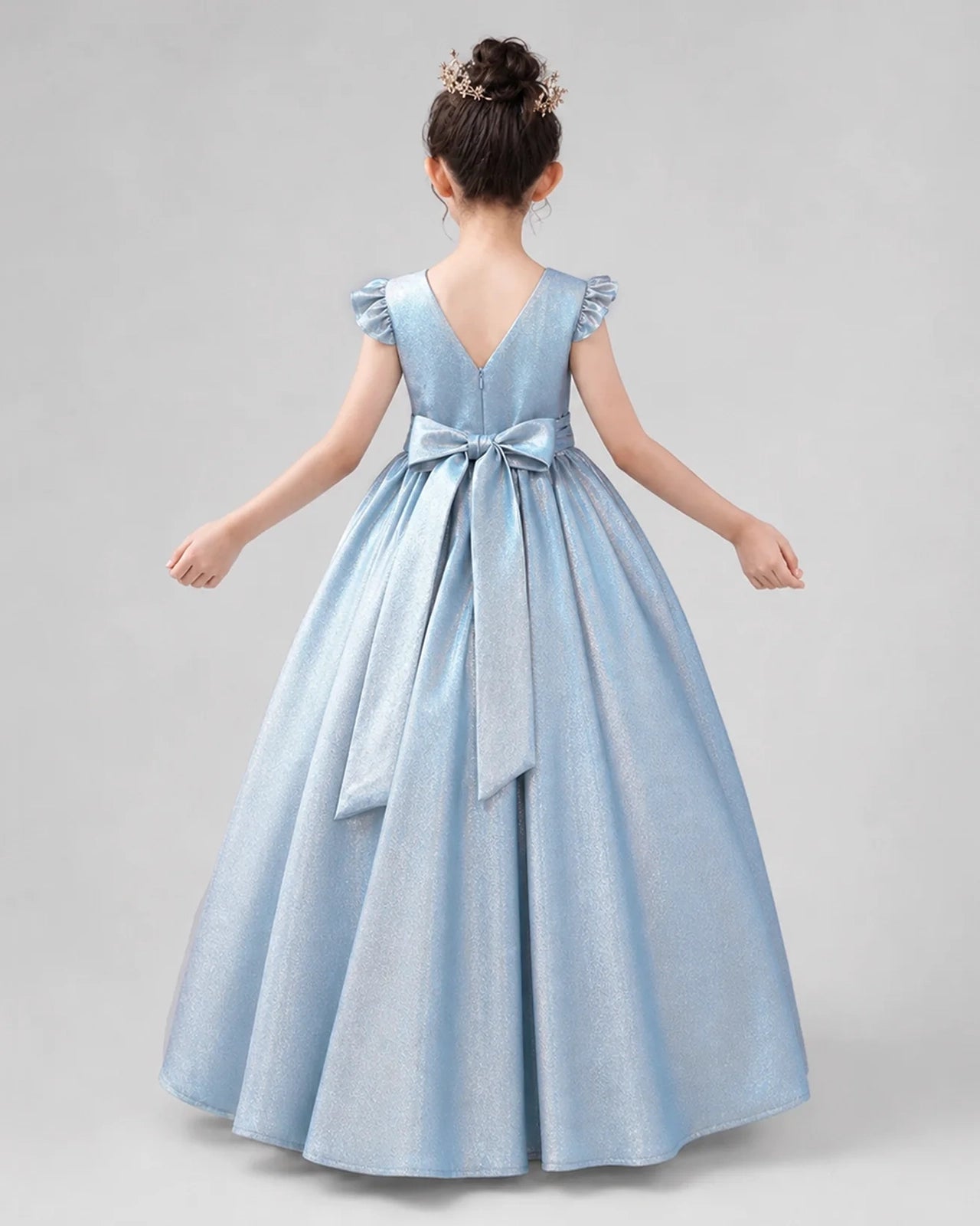 Dusty Blue Satin A-line Girls Formal Dress Back View