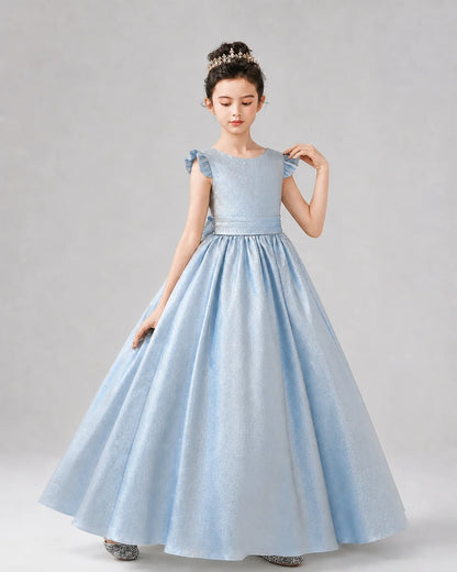 Dusty Blue Satin A-line Girls Formal Dress Front View