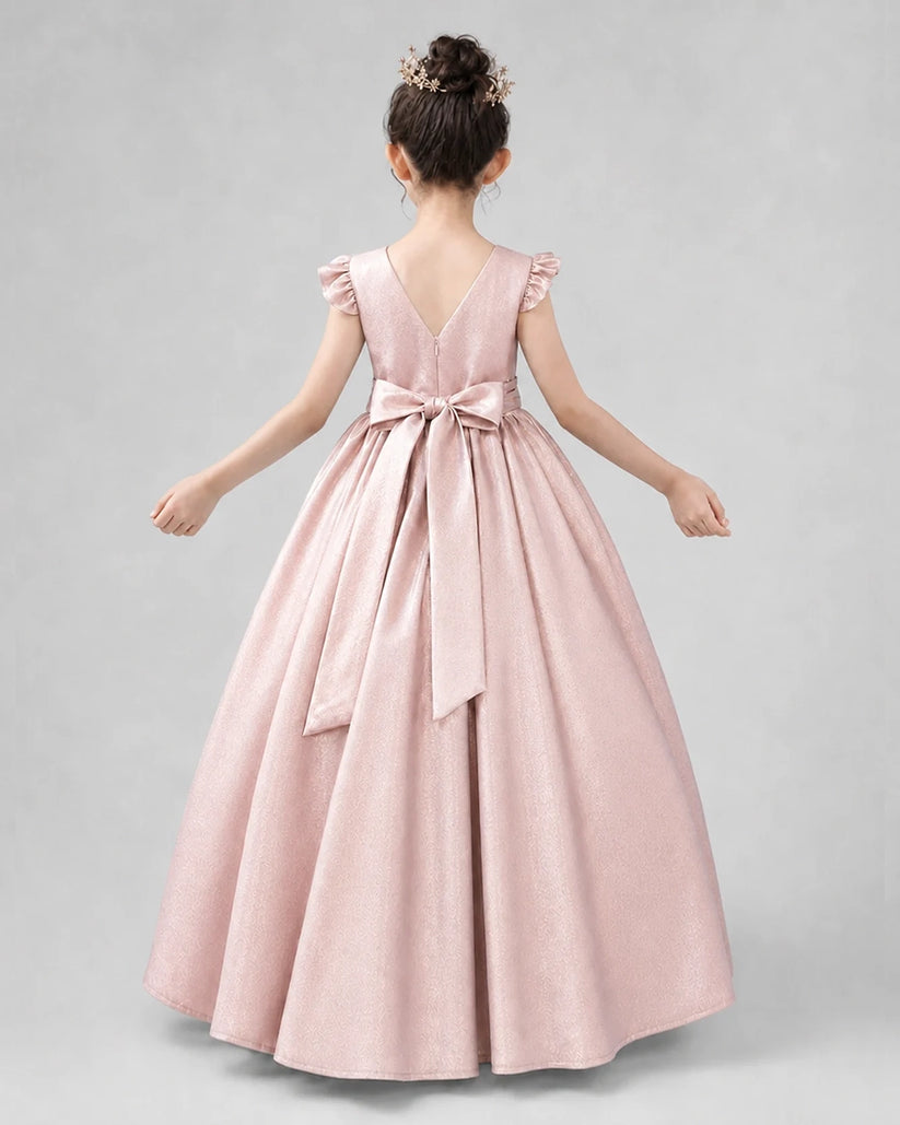 Pink Satin A-line Girls Formal Dress Back View